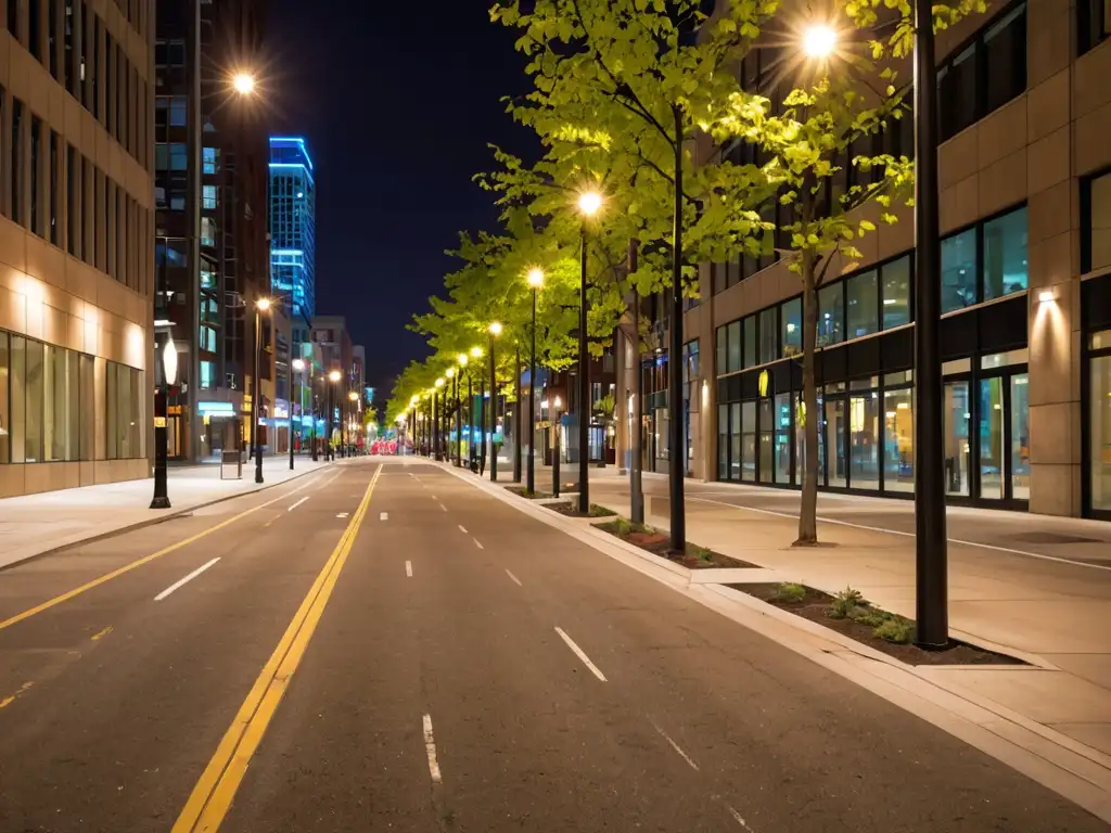 Vista nocturna de una bulliciosa calle de la ciudad con modernas luces de bajo consumo, reflejando normativas de iluminación urbana eficiente