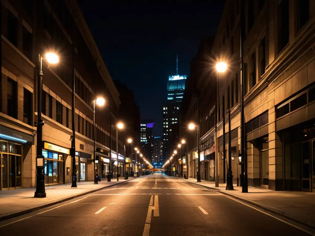 Vista nocturna de una calle urbana iluminada, resaltando la importancia de las normativas de iluminación urbana eficiente