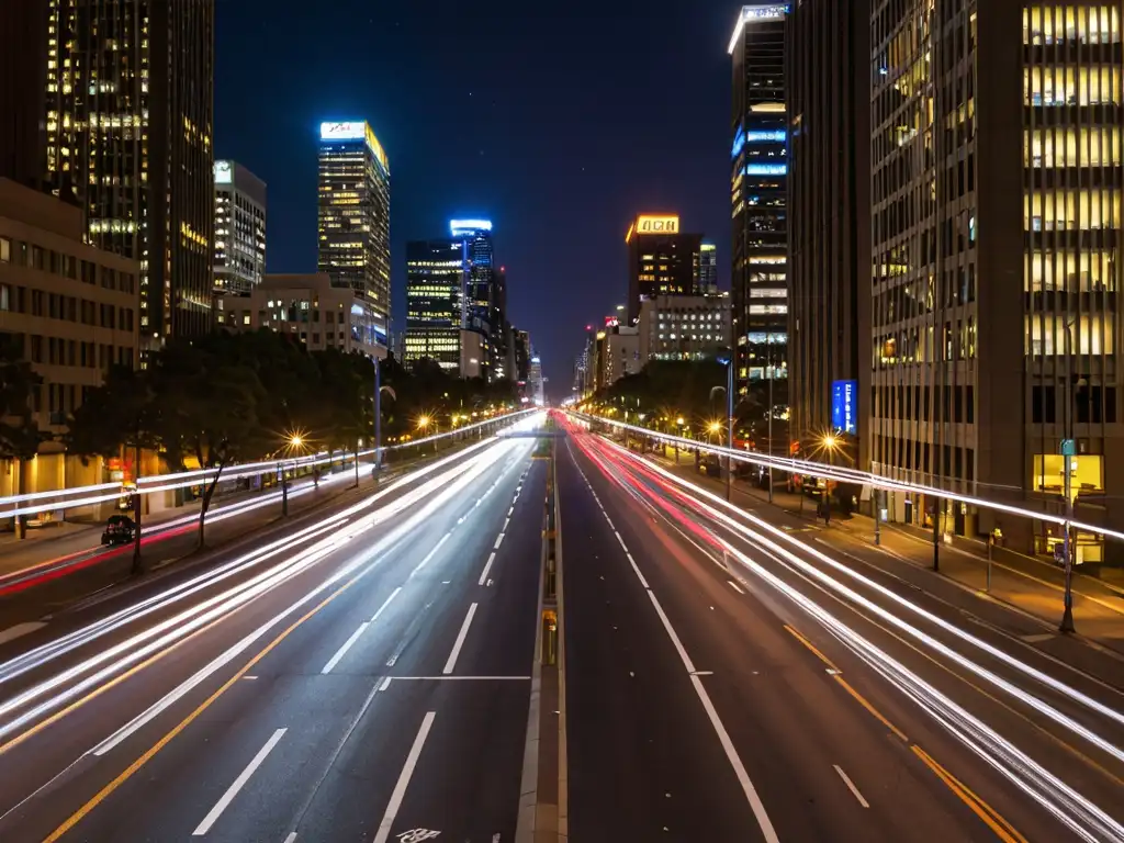 Vista nocturna de la ciudad resaltando la contaminación lumínica y la necesidad de normativas de iluminación urbana eficiente