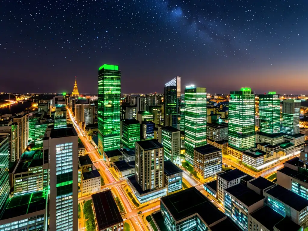 Vista nocturna de la ciudad con edificios energéticamente eficientes iluminados