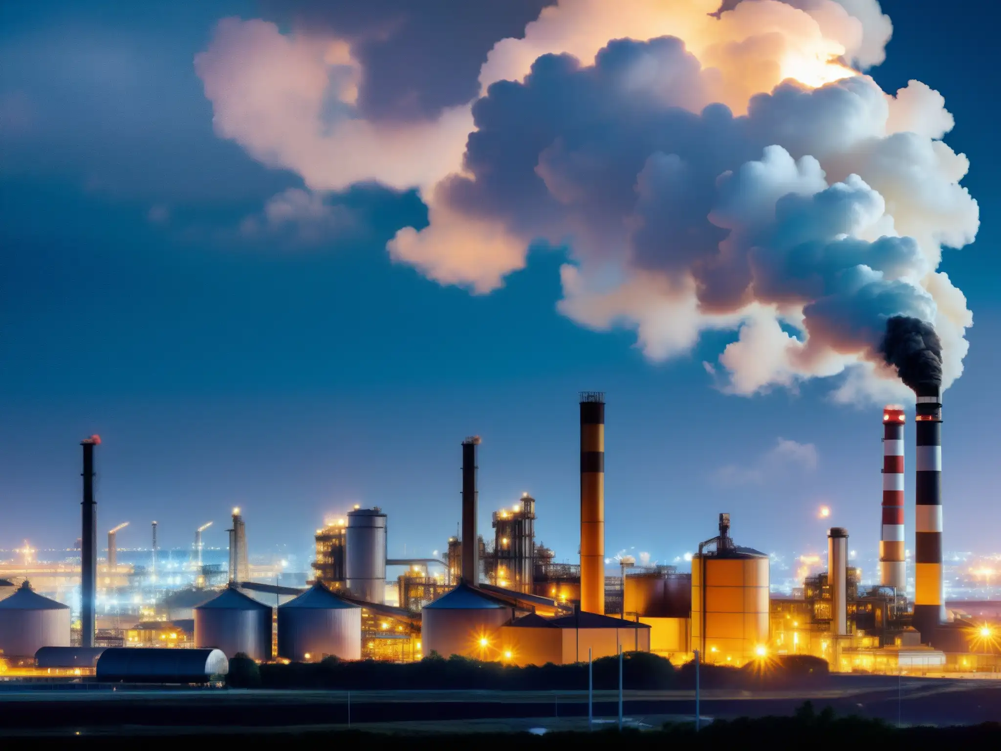 Vista nocturna de una ciudad industrial con trabajadores y Alianzas Globales por el Clima Comercio Industria