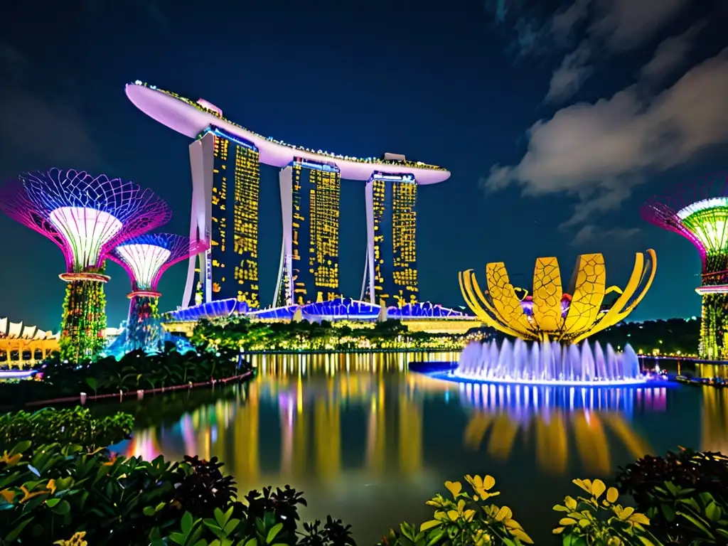 Vista nocturna de Singapur con tecnología verde y legislación ambiental ejemplar