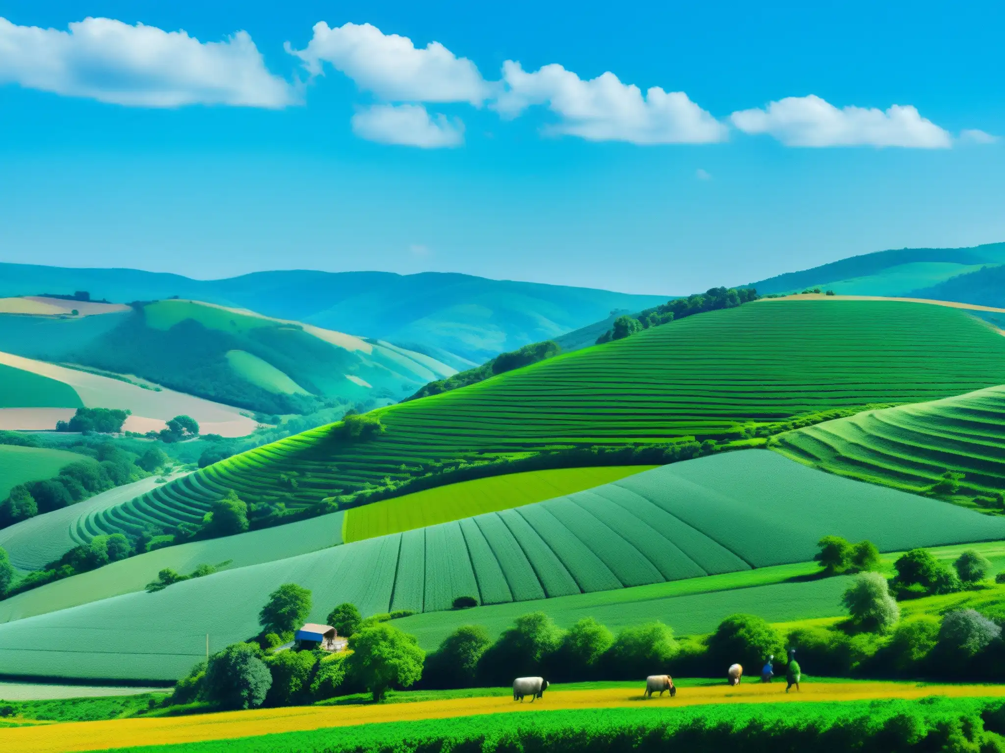 Vista de un paisaje exuberante y verde con granjas y bosques, mostrando el equilibrio entre desarrollo y conservación ambiental