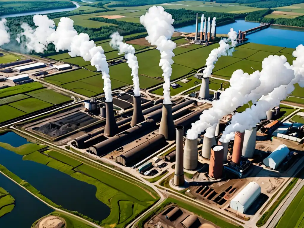 A vista de pájaro de un sitio industrial mostrando impacto ambiental con chimeneas, lagunas de residuos y paisaje circundante