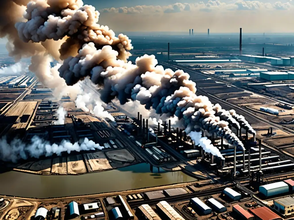 Vista panorámica de área industrial con humo denso y cielo contaminado, reflejando consecuencias legales de la inacción ambiental