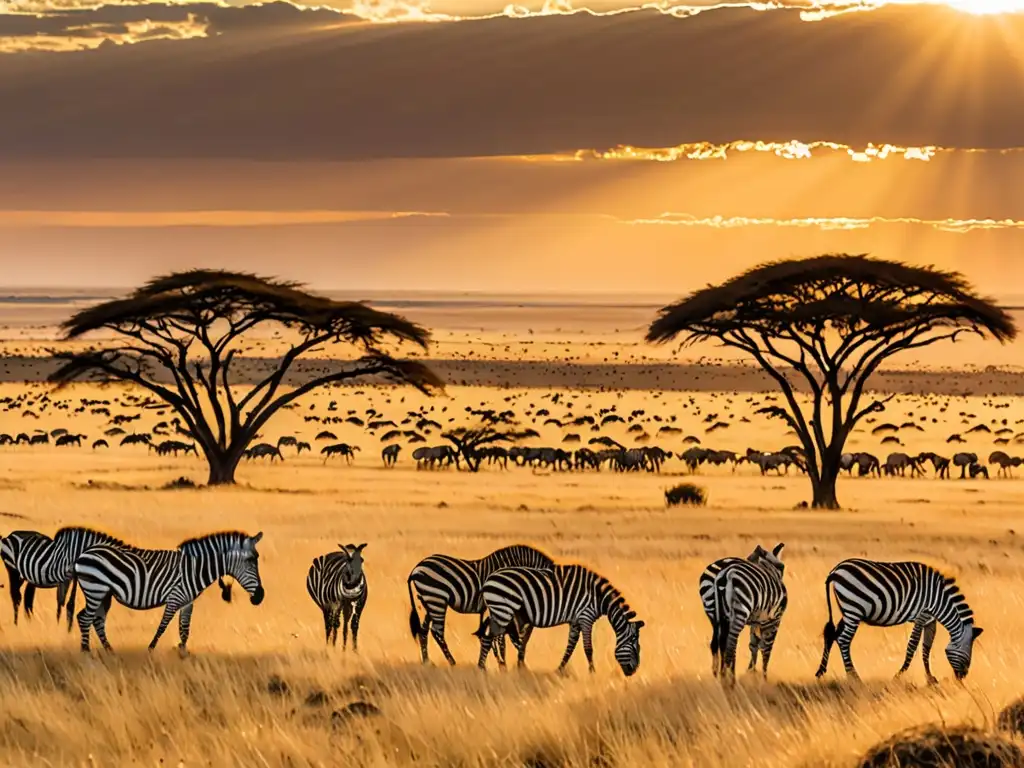 Vista panorámica del Serengeti National Park en Tanzania, con su belleza natural y vida salvaje en movimiento al atardecer