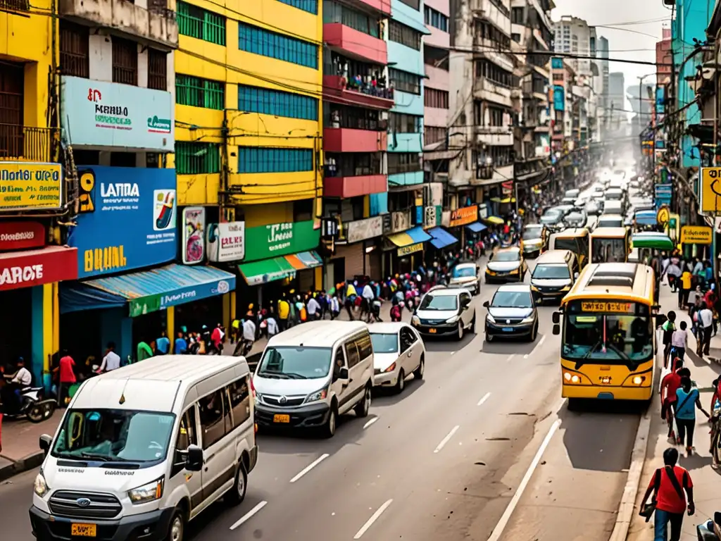 Vista panorámica de una bulliciosa calle de América Latina, destacando el sector del transporte y la complejidad de las emisiones urbanas