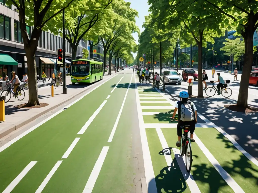 Vista panorámica de una bulliciosa calle de la ciudad con un carril bici, rodeada de frondosos árboles