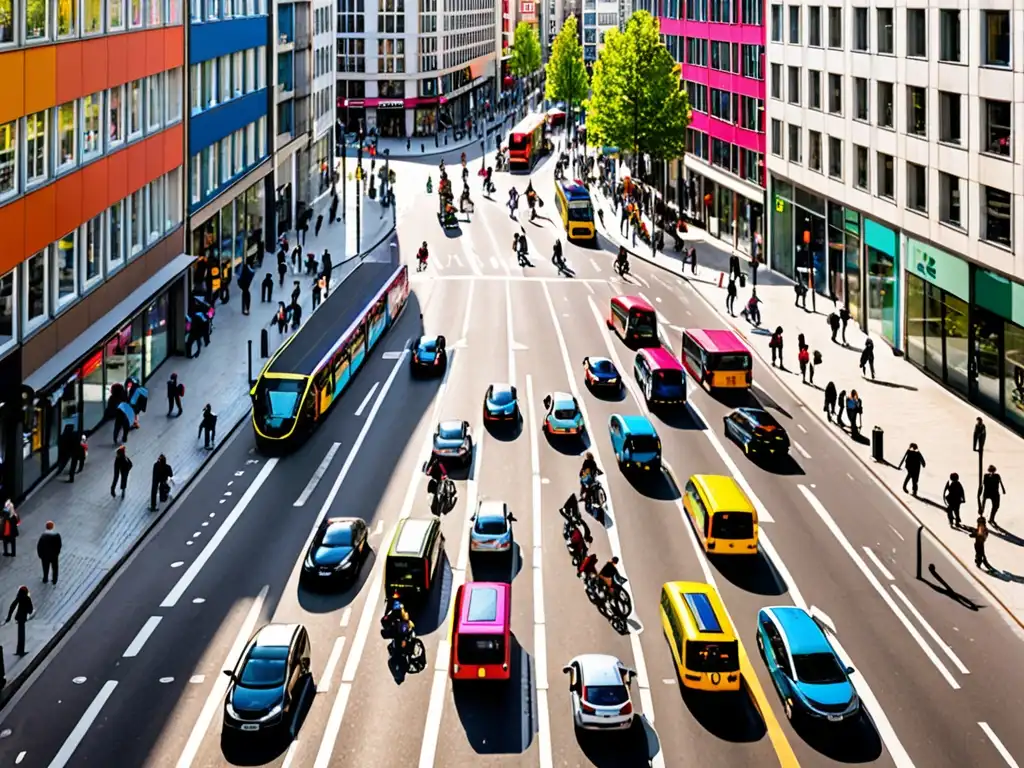 Vista panorámica de una bulliciosa calle europea con edificios coloridos y diversidad de personas y medios de transporte