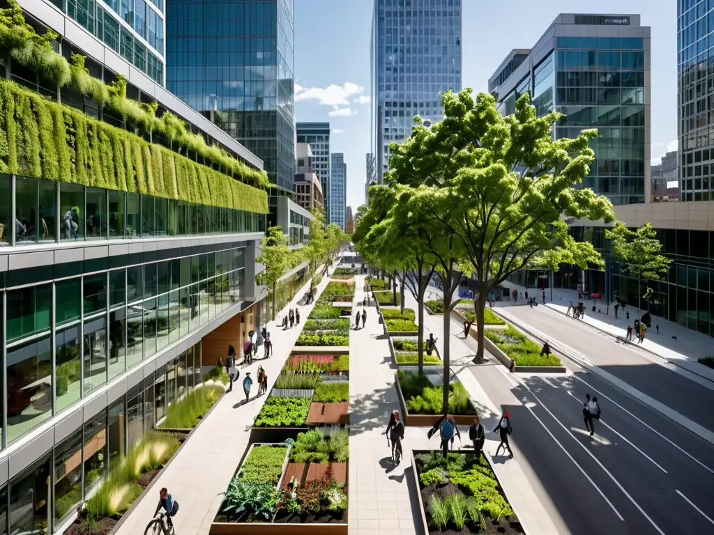 Vista panorámica de una bulliciosa calle de la ciudad con edificios de oficinas modernos y sostenibles, adaptando empresa legislación ambiental