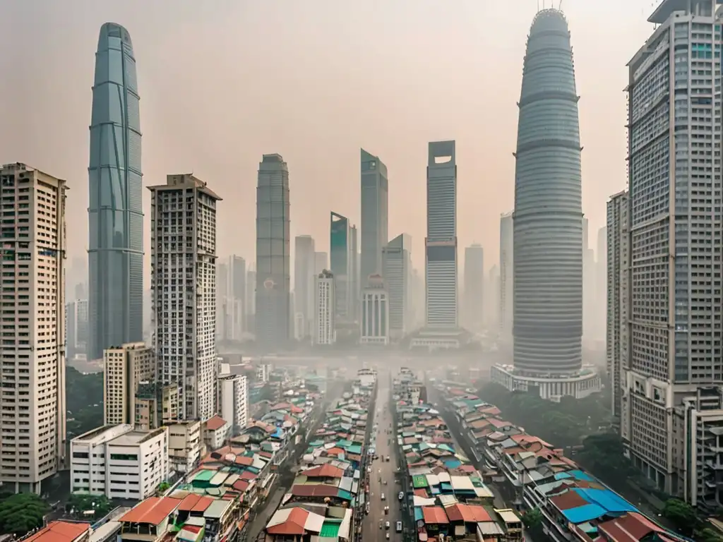 Vista panorámica de una bulliciosa ciudad en Asia, con rascacielos y una densa capa de smog