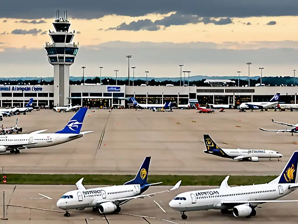 Vista panorámica de un bullicioso aeropuerto internacional, con aviones en la pista listos para despegar o aterrizar