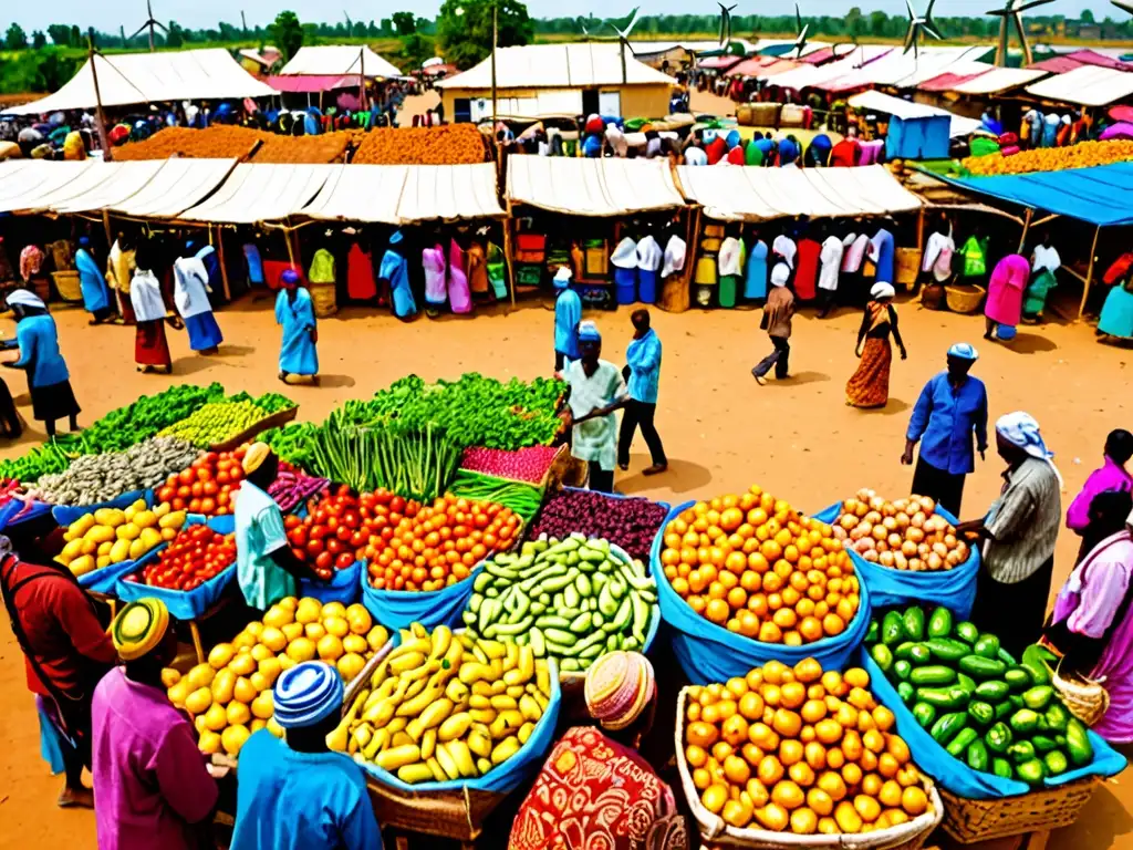 Vista panorámica de un bullicioso mercado en un país en desarrollo, donde se promueve el comercio sostenible y la OMC apoya el medio ambiente