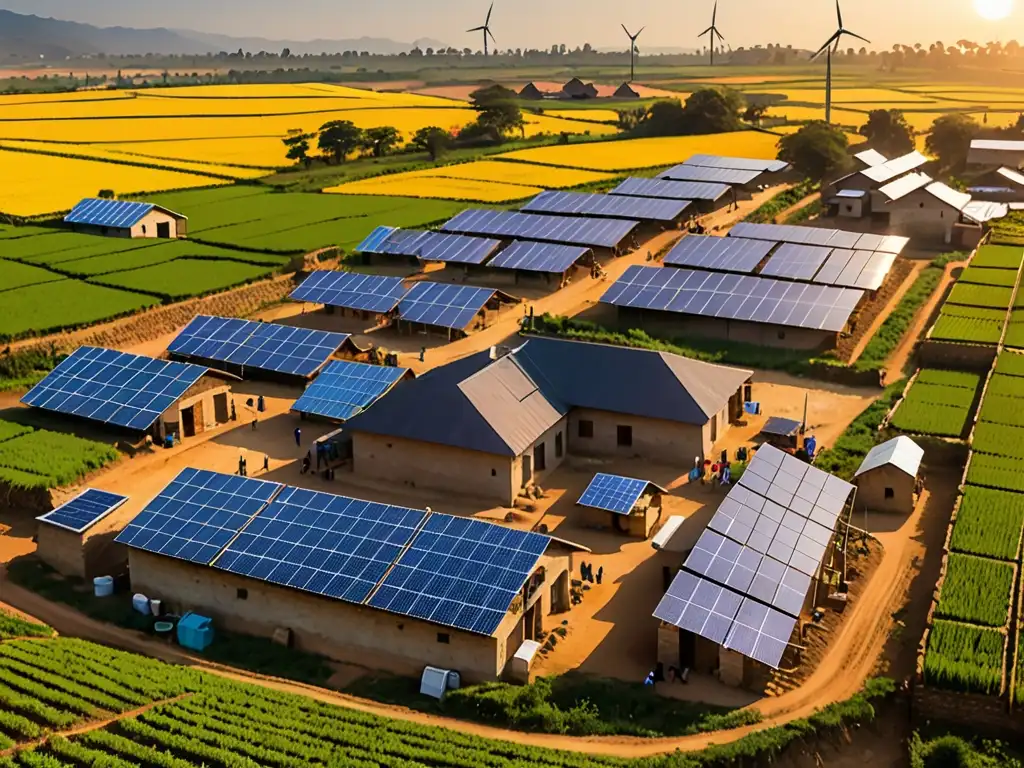 Vista panorámica de un bullicioso pueblo rural en un país en desarrollo, con instalaciones de energía solar y eólica