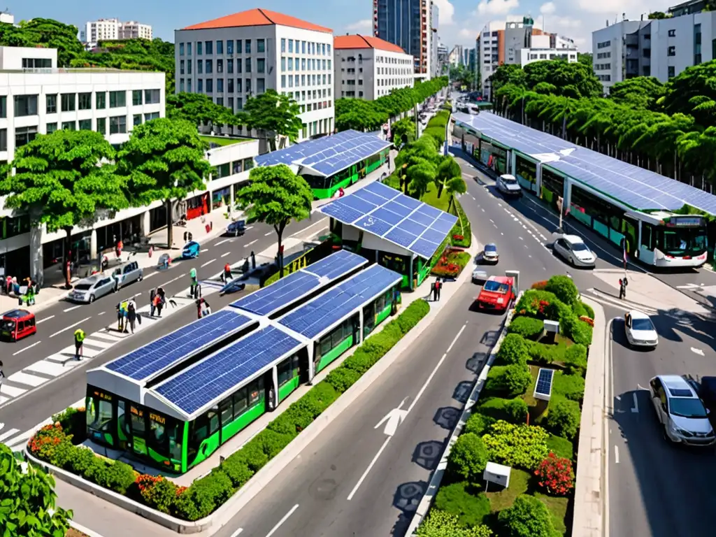 Vista panorámica de una calle bulliciosa en la ciudad con edificio gubernamental, energía renovable y transporte sostenible