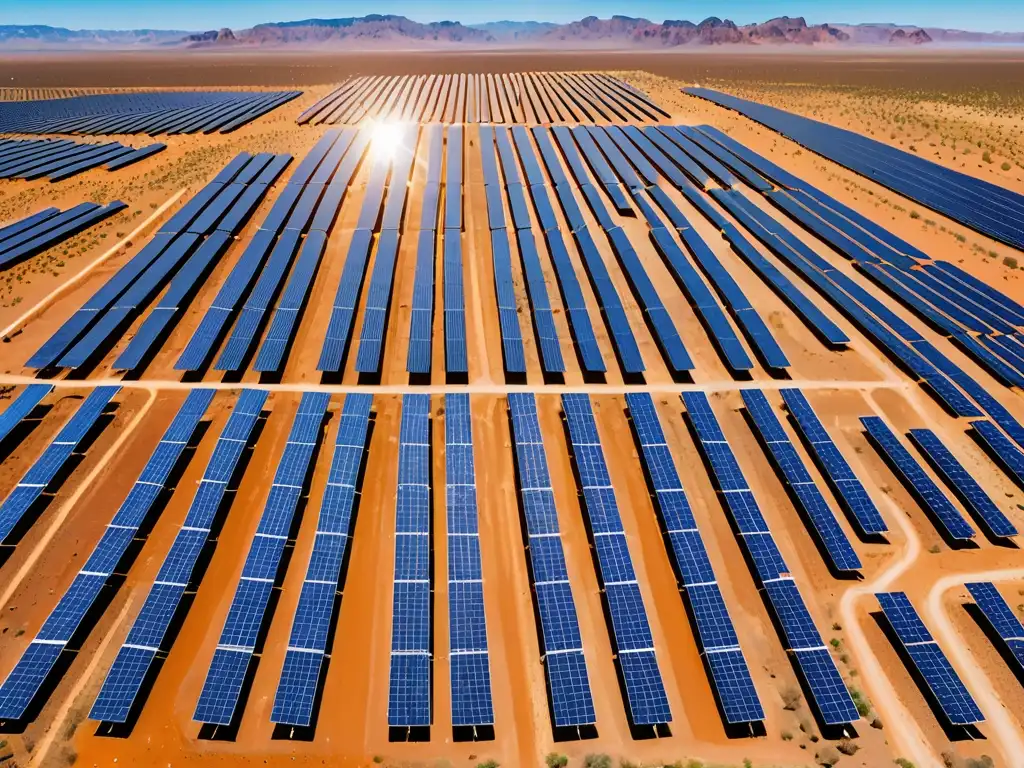 Vista panorámica de un campo de paneles solares en el desierto, mostrando la intersección de tecnología y naturaleza