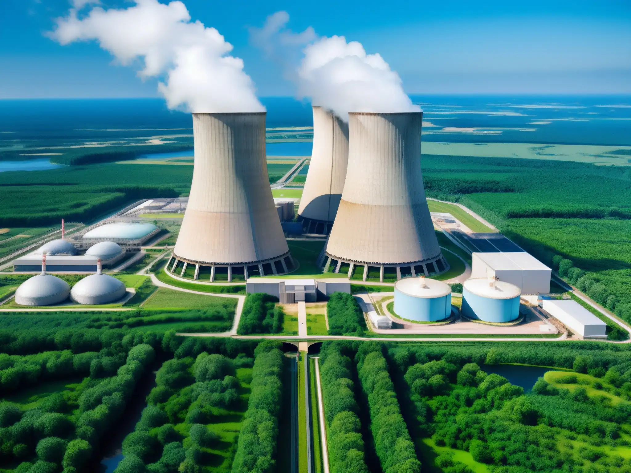 Planta nuclear en entorno natural exuberante Vista panorámica de una central nuclear entre exuberante vegetación