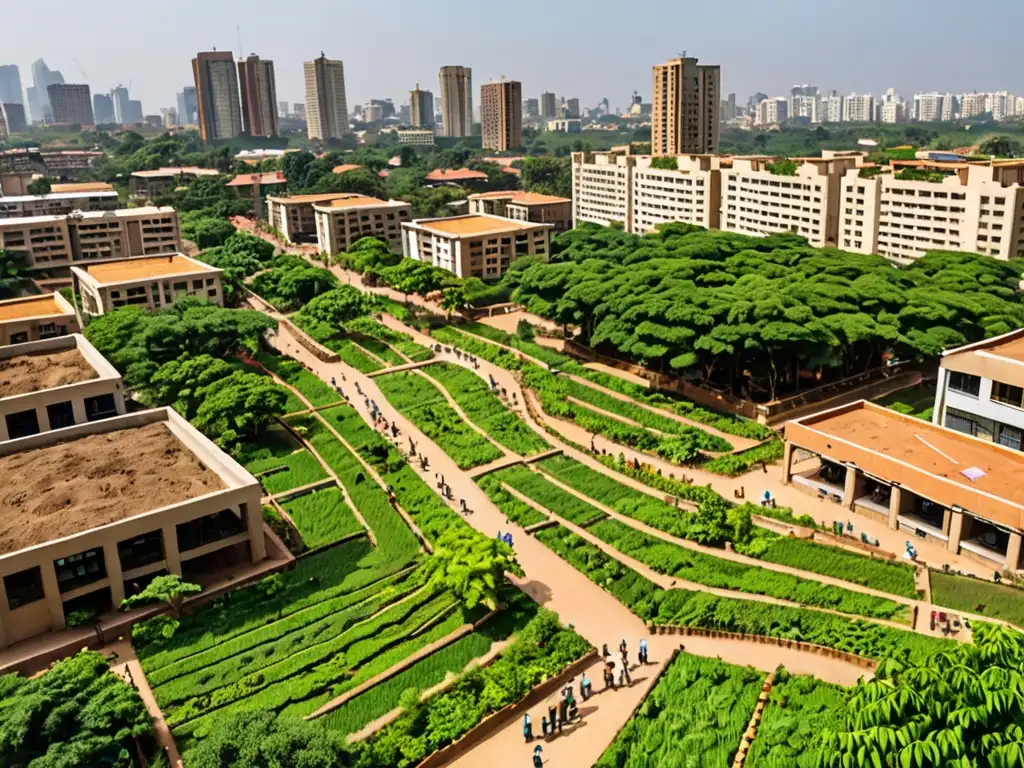 Vista panorámica de una ciudad africana con rascacielos y vegetación exuberante