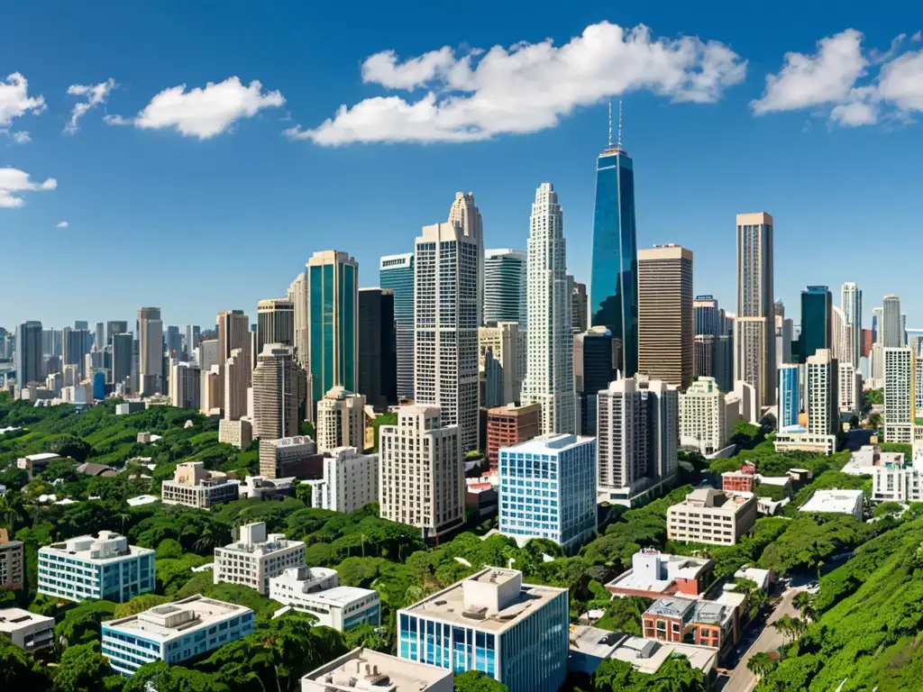 Vista panorámica de una ciudad en las Américas, con rascacielos modernos y arquitectura tradicional, entre vegetación y cielo azul