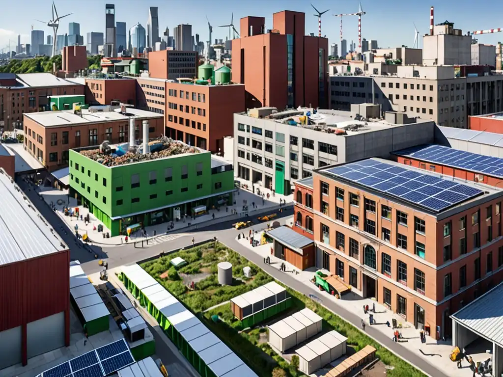 Vista panorámica de la ciudad con arquitectura tradicional y moderna, planta de reciclaje y energías renovables