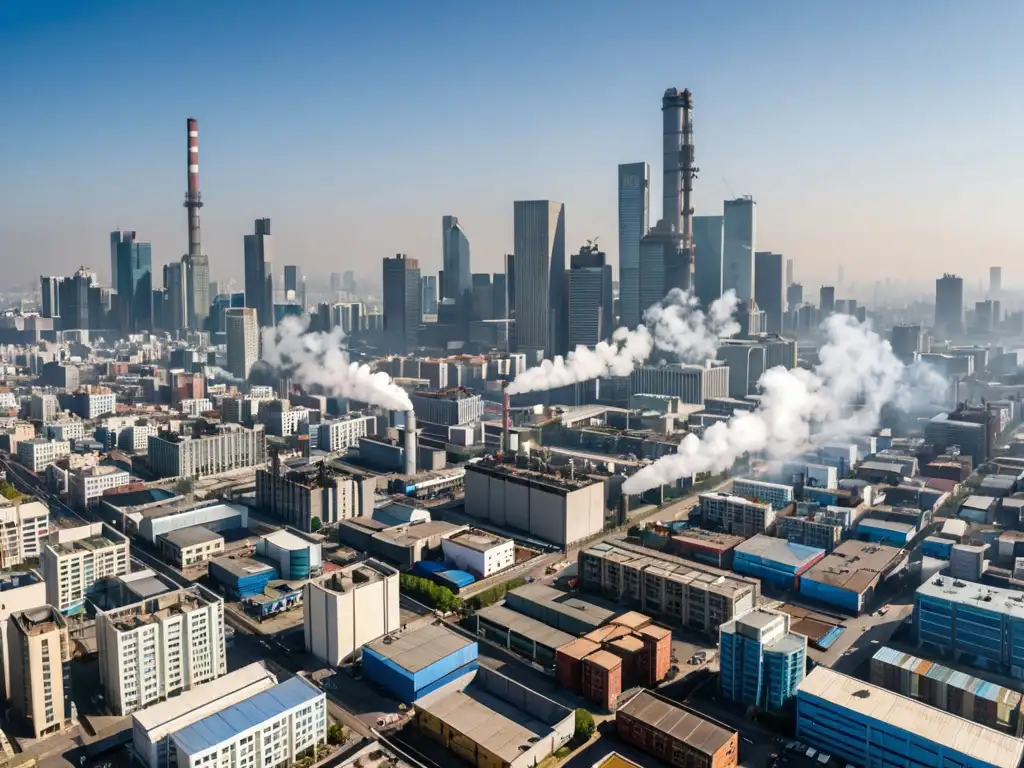 Vista panorámica de una ciudad bulliciosa con rascacielos e industrias, donde la contaminación es visible, contrastando con un cielo azul