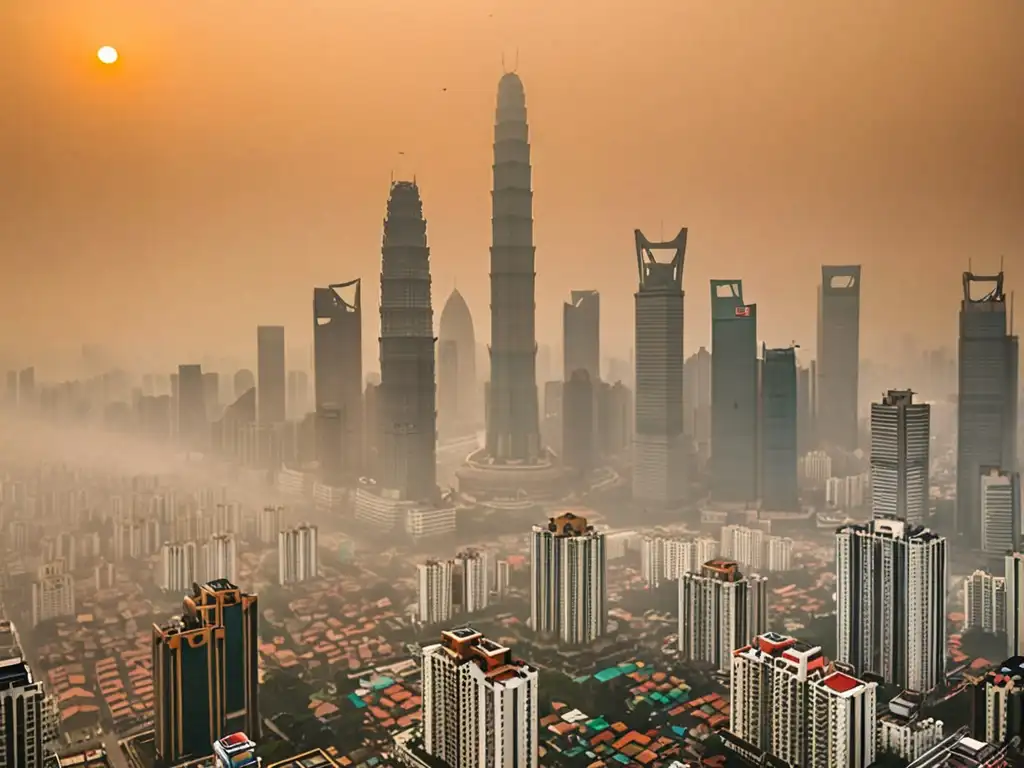 Vista panorámica de una ciudad bulliciosa en Asia, con rascacielos altos envueltos en una neblina de contaminación