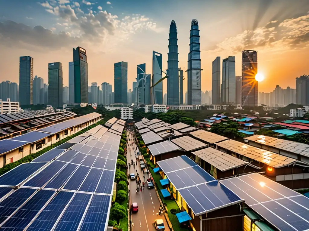 Vista panorámica de una ciudad bulliciosa en Asia, con rascacielos y paneles solares en los techos