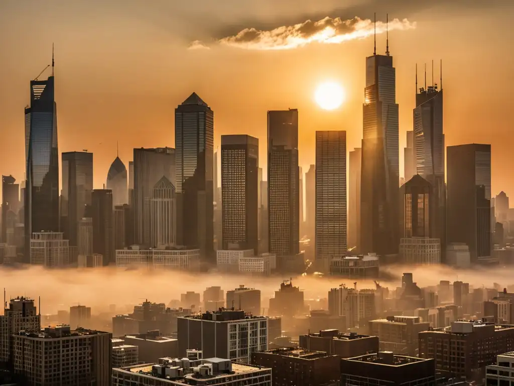 Vista panorámica de una ciudad bulliciosa al atardecer, con rascacielos imponentes y una neblina causada por la contaminación