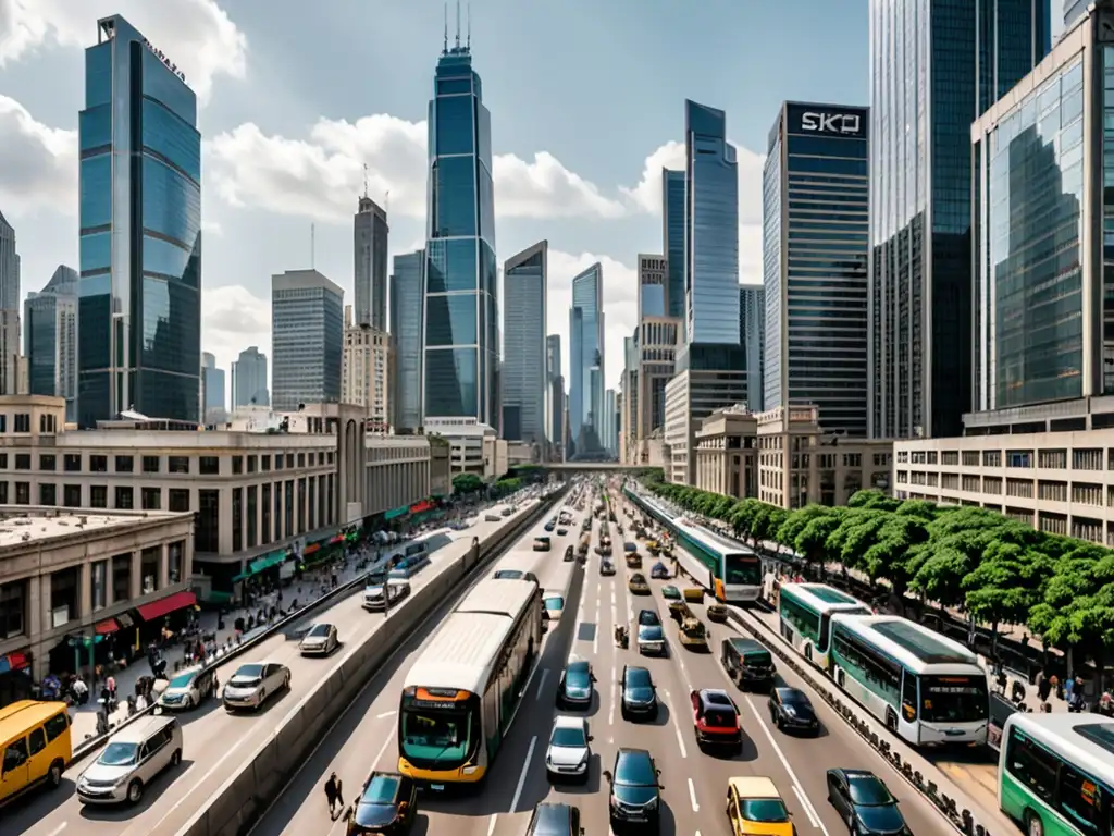 Vista panorámica de una ciudad bulliciosa, con rascacielos y calles llenas de gente y vehículos