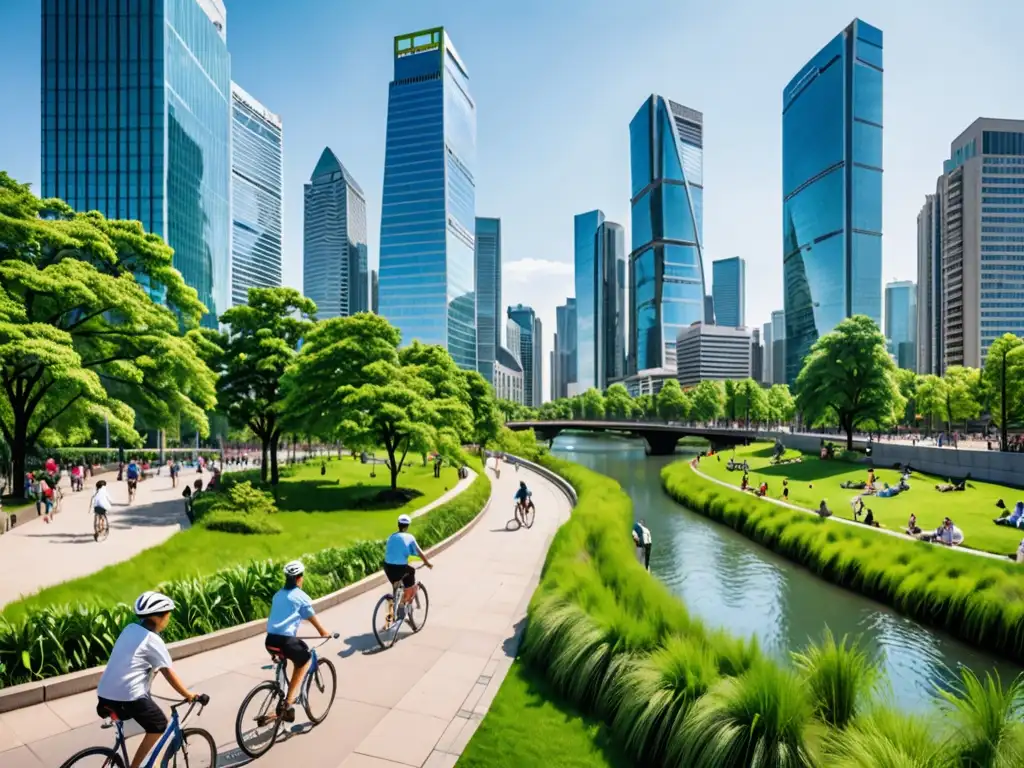 Vista panorámica de una ciudad bulliciosa con rascacielos modernos y parques verdes