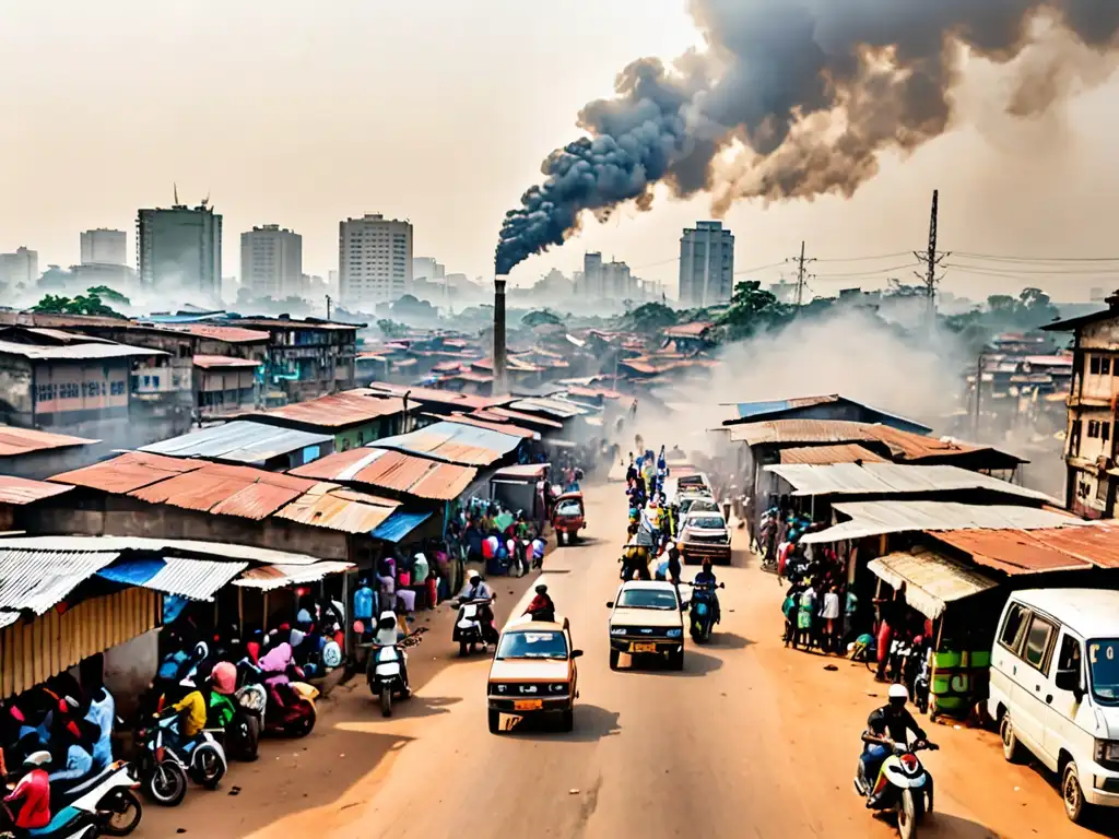 Desafíos ambientales en la ciudad en desarrollo Vista panorámica de una ciudad bulliciosa en un país en desarrollo, con un horizonte brumoso y una mezcla de edificios antiguos y modernos