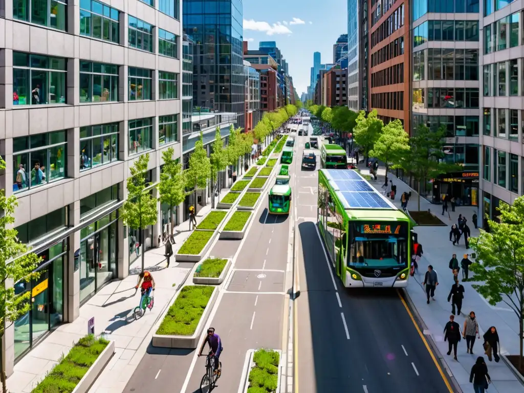 Vista panorámica de una ciudad bulliciosa con edificios energéticamente eficientes y transporte sostenible