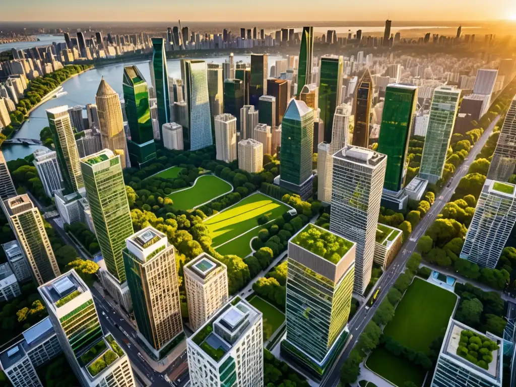 Vista panorámica de una ciudad bulliciosa al atardecer, resaltando rascacielos modernos entre parques verdes y calles arboladas