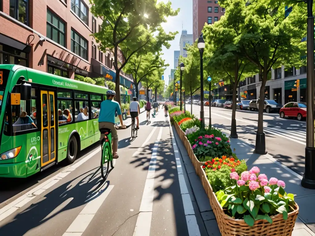 Vista panorámica de una ciudad con carriles verdes para bicicletas y arbolado, destacando la legislación transporte ecológico zonas verdes