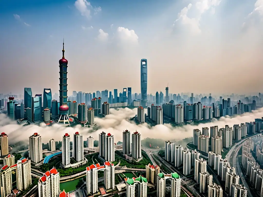 'Vista panorámica de una ciudad china, con rascacielos modernos y edificios tradicionales