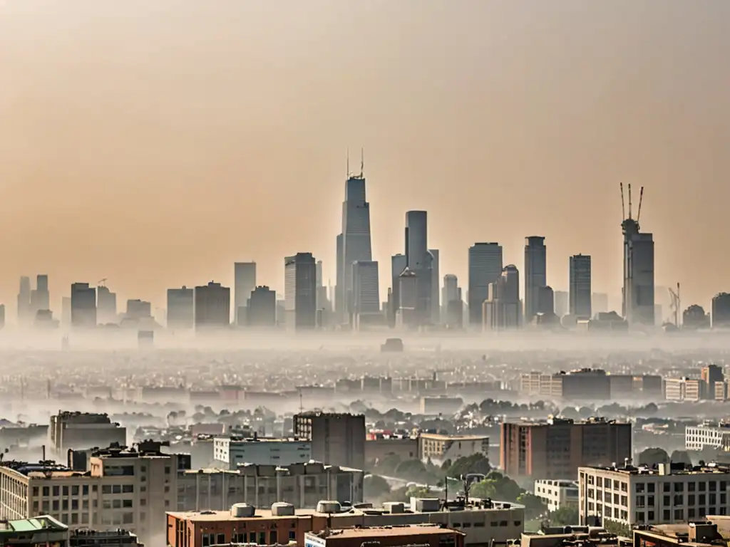 Vista panorámica de una ciudad con contaminación del aire, destacando el contraste entre desarrollo urbano y el impacto ambiental