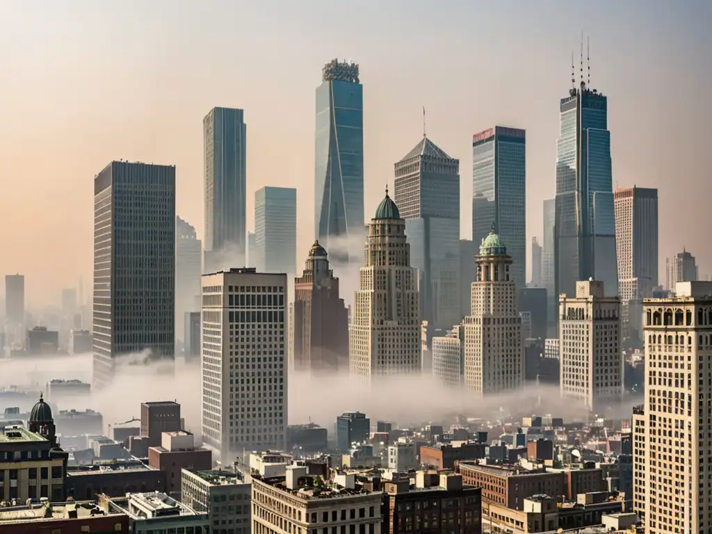 Vista panorámica de una ciudad con contrastes entre rascacielos modernos y edificios históricos, destacando la capa de smog y contaminación