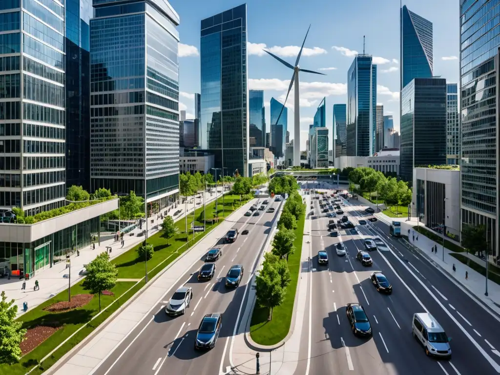 Vista panorámica de la ciudad con edificios corporativos y energía renovable, simbolizando la responsabilidad corporativa en transición energética