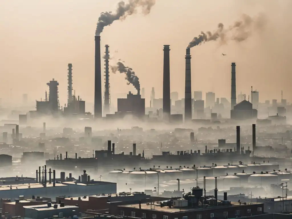 Vista panorámica de una ciudad envuelta en smog, con chimeneas industriales y contaminación del aire