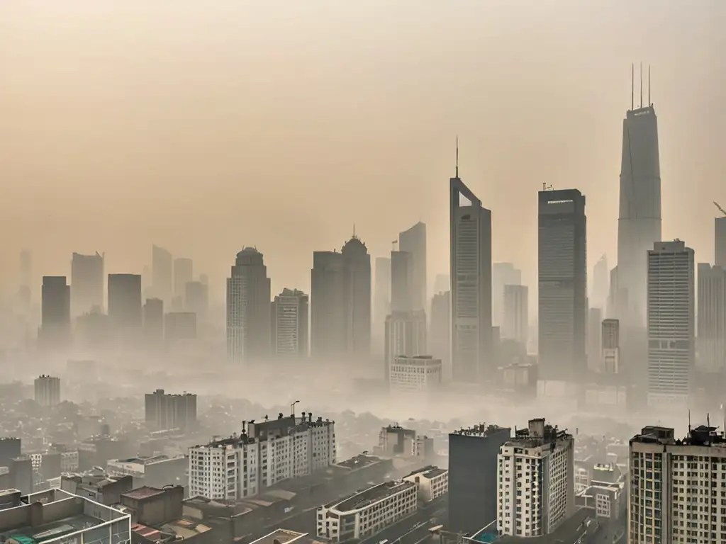 Vista panorámica de una ciudad envuelta en una espesa niebla de contaminación