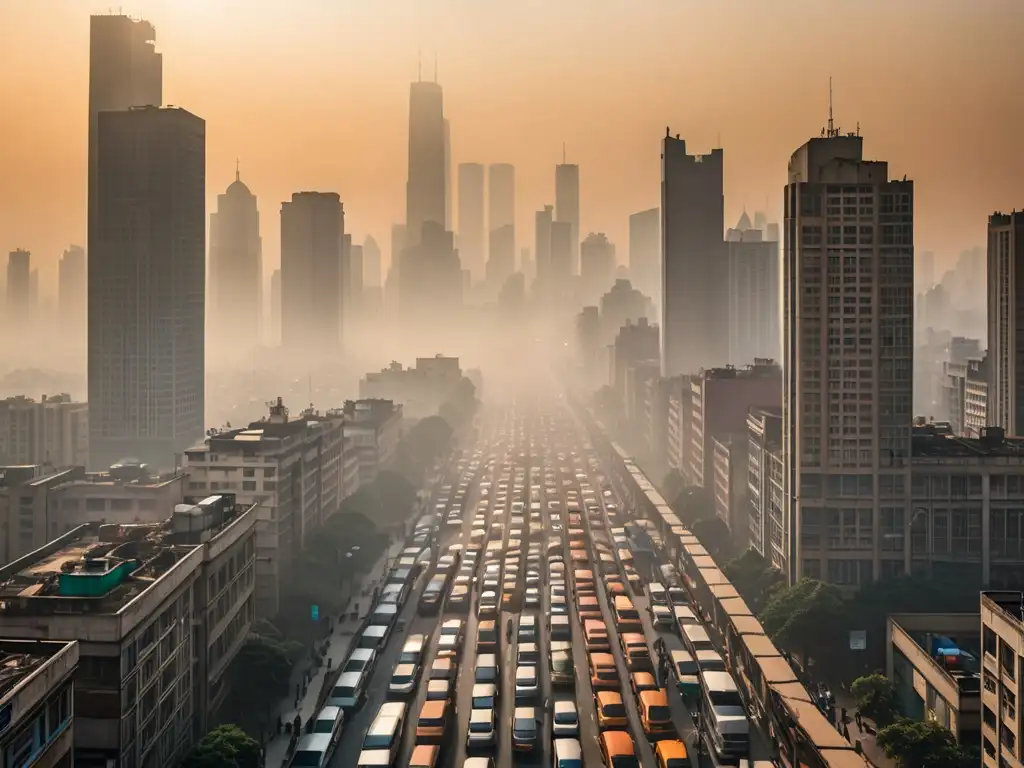 Vista panorámica de la ciudad envuelta en smog, mostrando el impacto global de la legislación en la calidad del aire