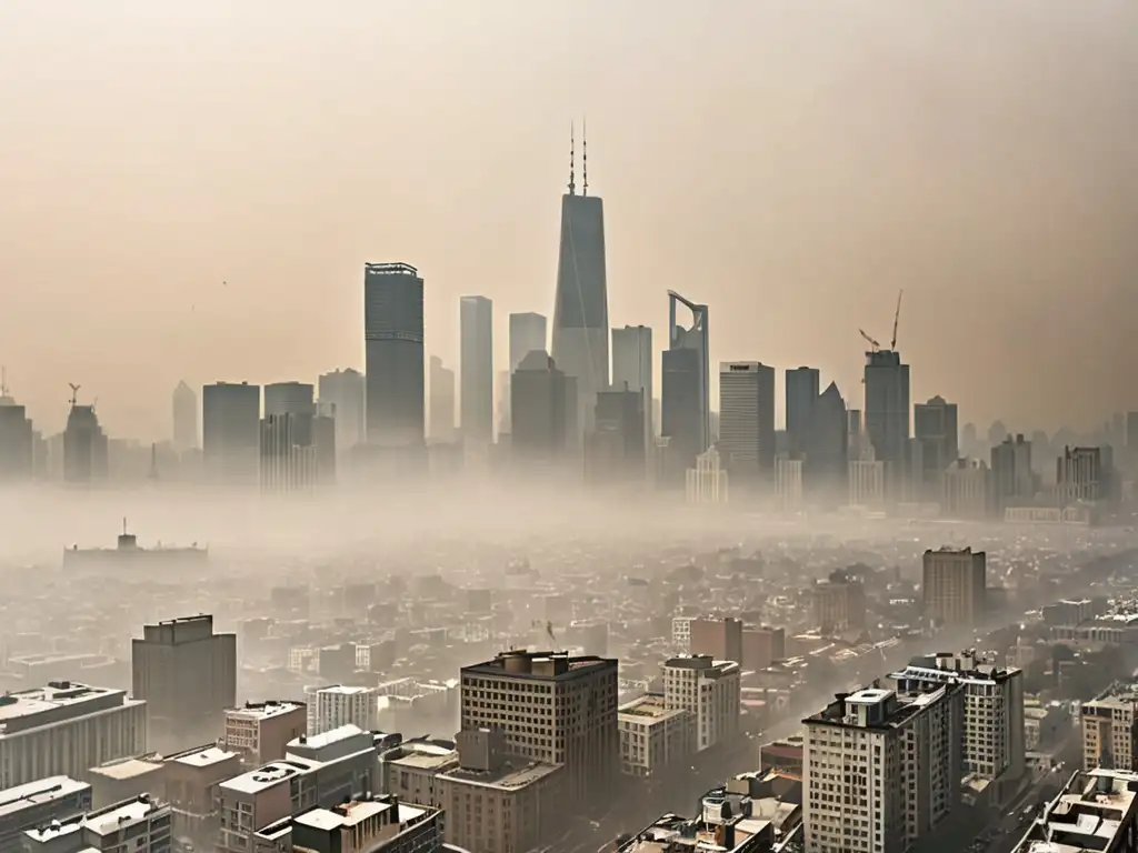 Vista panorámica de la ciudad envuelta en una densa niebla de contaminación, creando una atmósfera ominosa