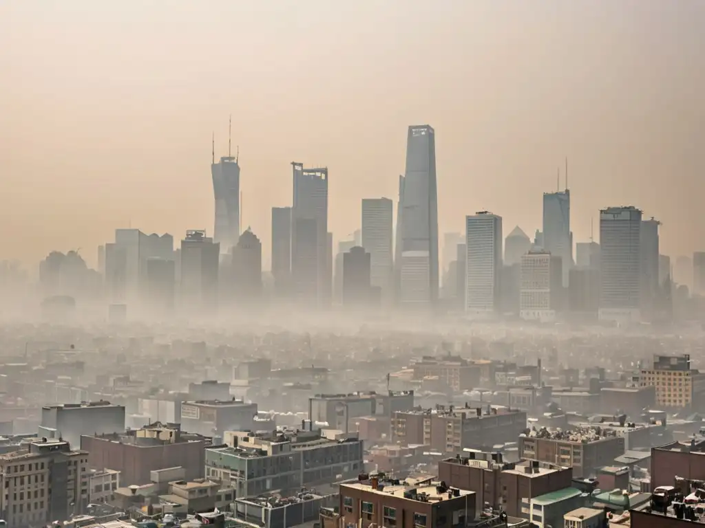 Contaminación urbana: La impactante neblina de smog sobre la ciudad Vista panorámica de una ciudad envuelta en una densa neblina de contaminación, mostrando el contraste entre el paisaje urbano y el aire contaminado