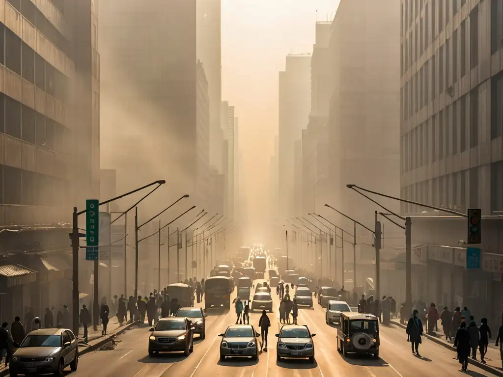 Vista panorámica de una ciudad envuelta en smog, con edificios altos parcialmente ocultos y personas usando mascarillas