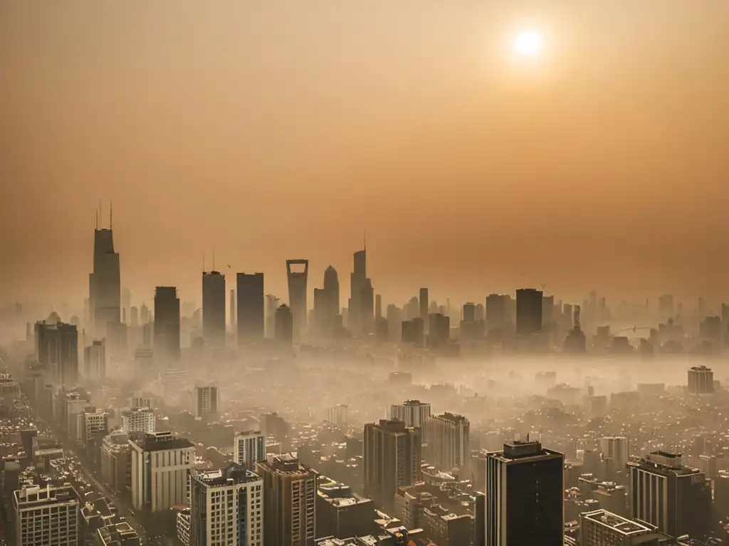 Skyline urbano envuelto en smog denso Vista panorámica de la ciudad envuelta en smog, con edificios parcialmente ocultos