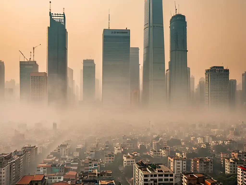 Vista panorámica de una ciudad envuelta en smog, con edificios parcialmente ocultos