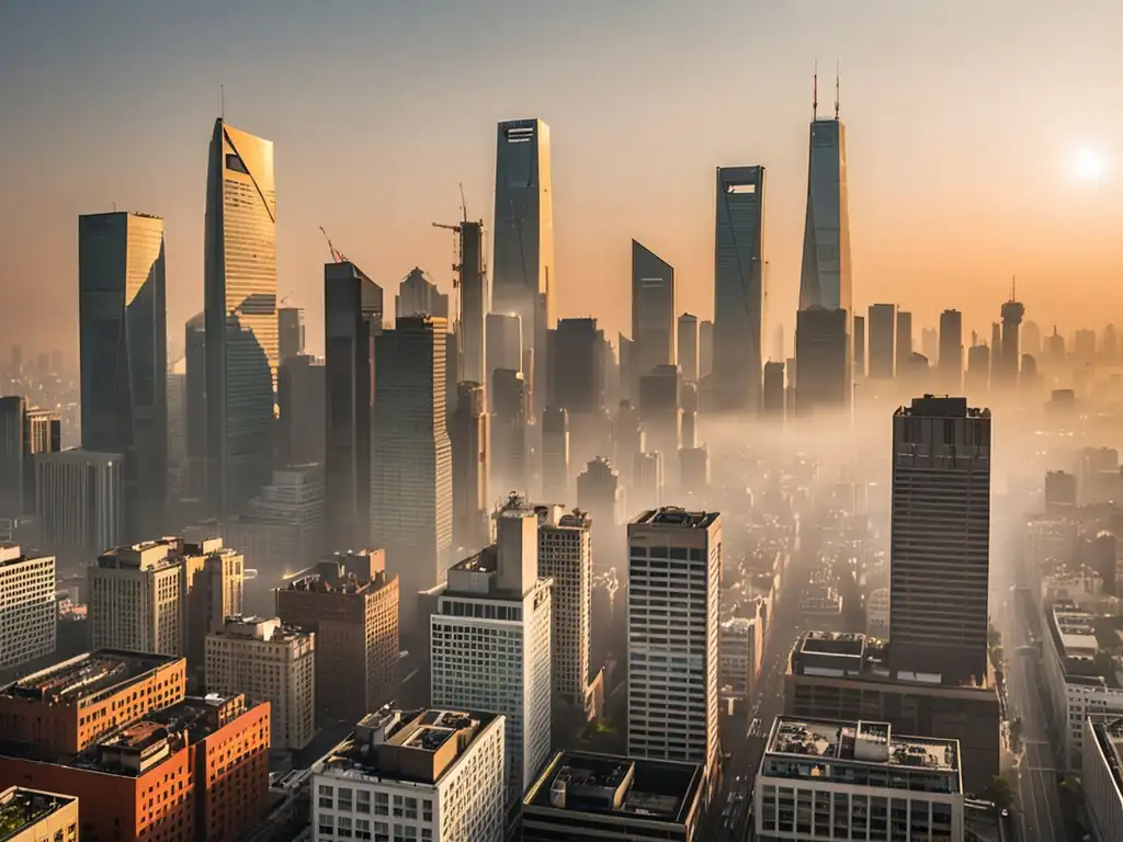 Vista panorámica de una ciudad envuelta en smog, resaltando la necesidad de regulación de emisiones en la era de la información