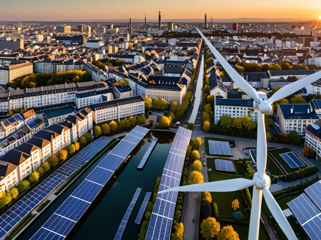 Vista panorámica de una ciudad europea con energía renovable, resaltando turbinas eólicas y paneles solares