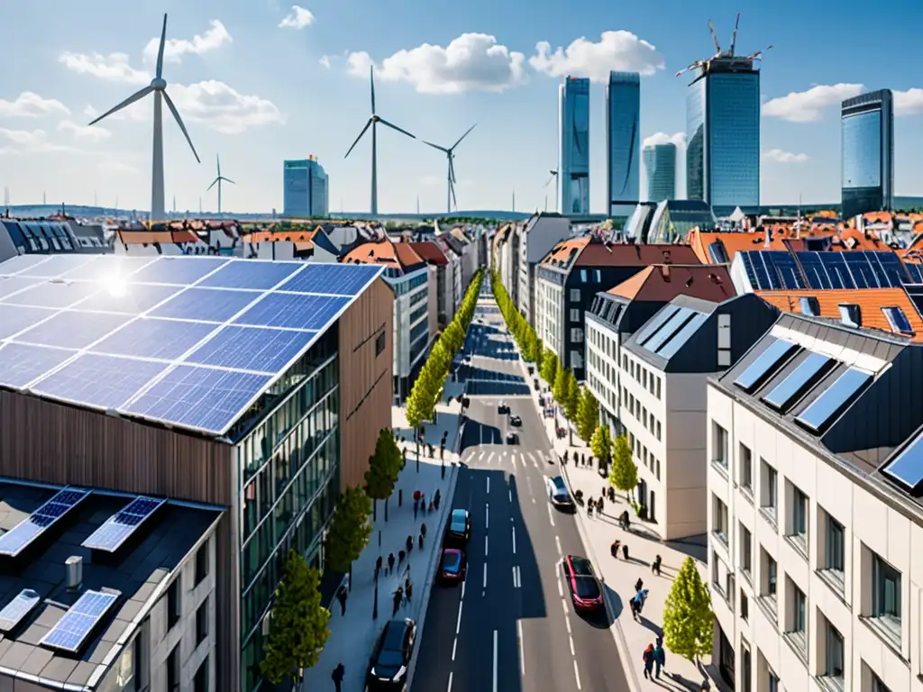 Vista panorámica de una ciudad europea con modernos rascacielos y arquitectura tradicional, además de energía renovable en los techos