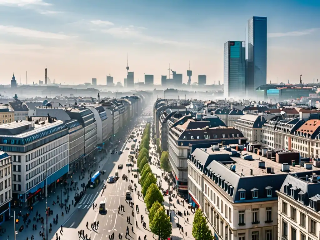 La impactante lucha contra la contaminación del aire en Europa Vista panorámica de una ciudad europea con personas usando mascarillas y estaciones de monitoreo de calidad del aire